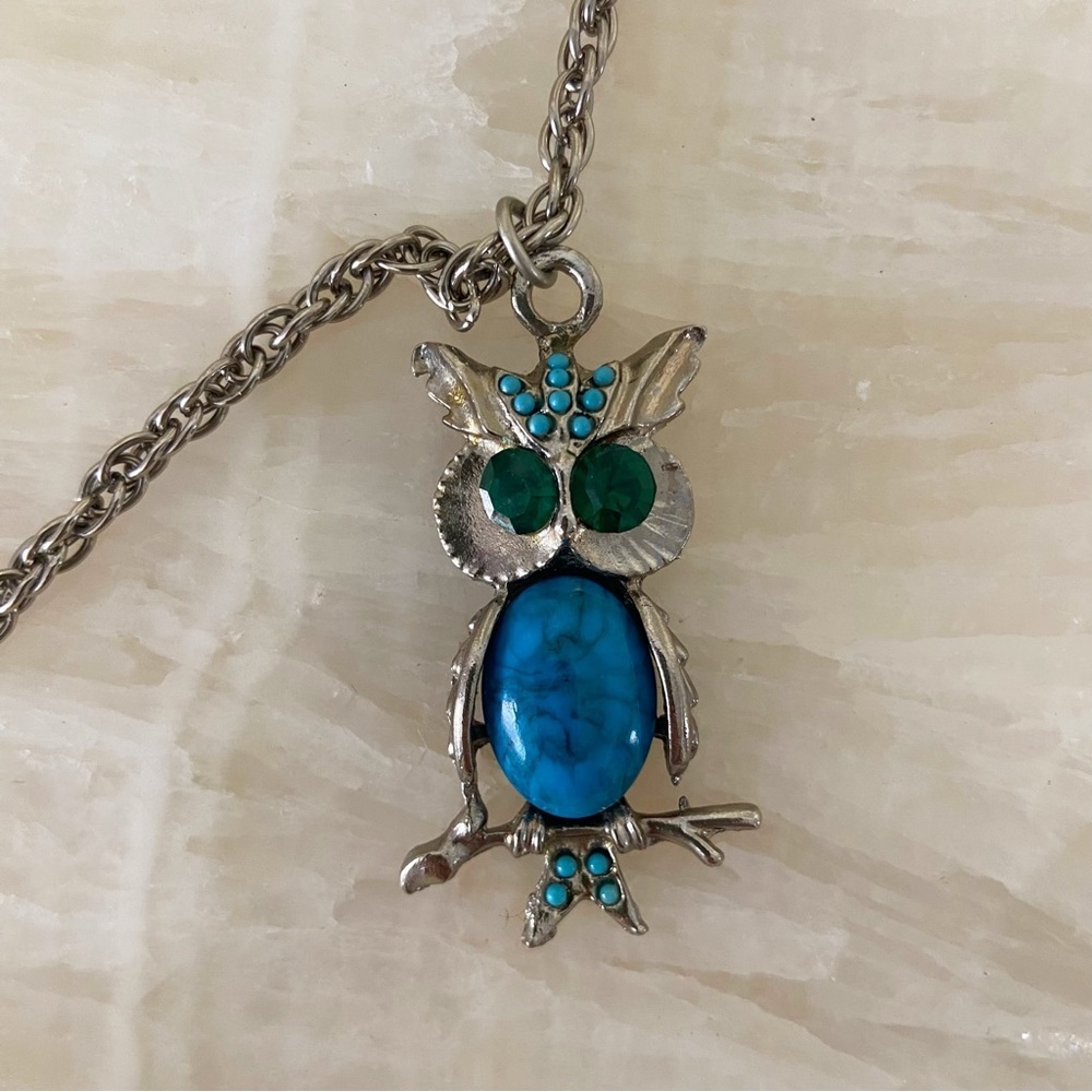 Vintage 60s turquoise owl pendant necklace kitsch costume